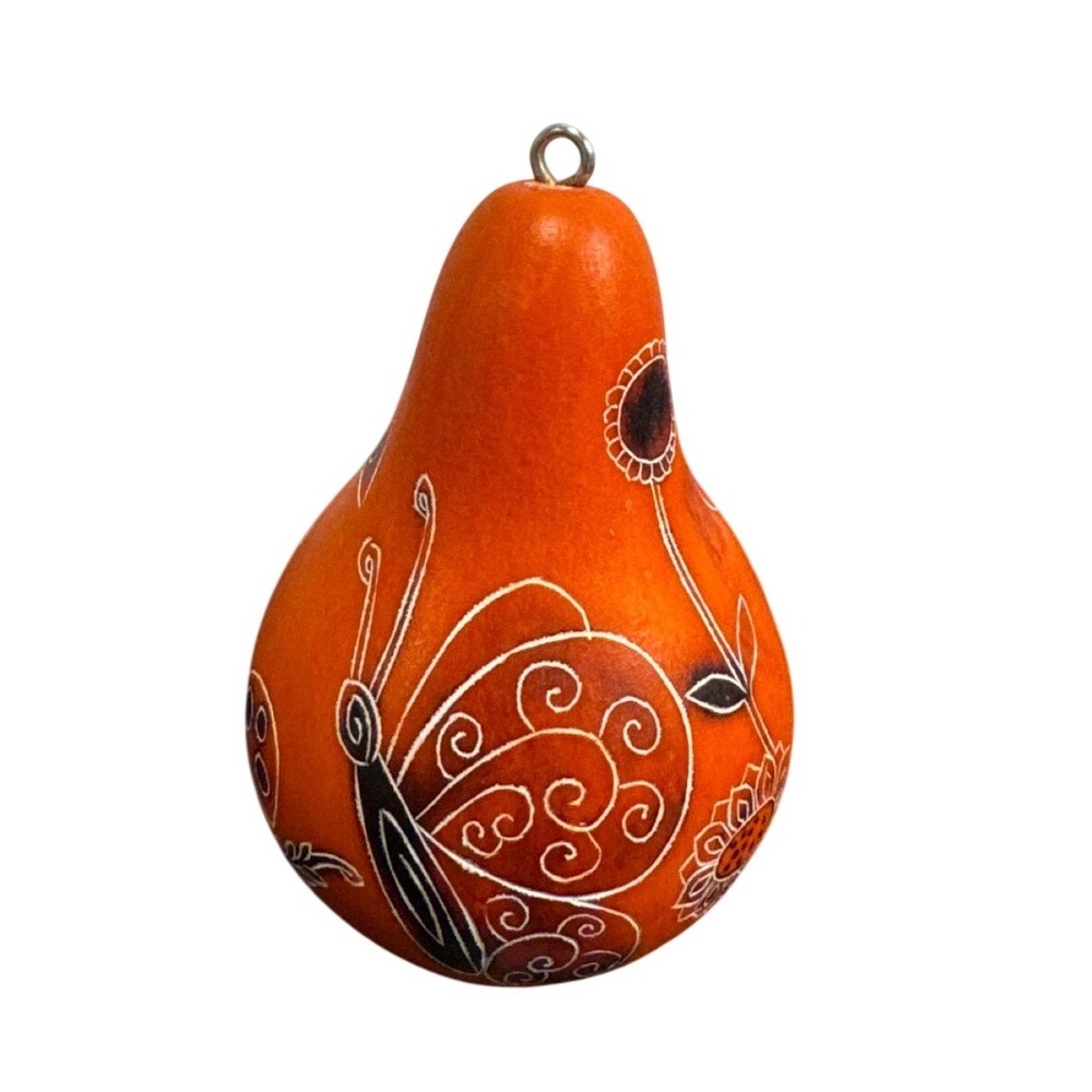 Hand Etched Peruvian Gourd Ornament Orange Butterfly Mushroom Mate Burilado Art
